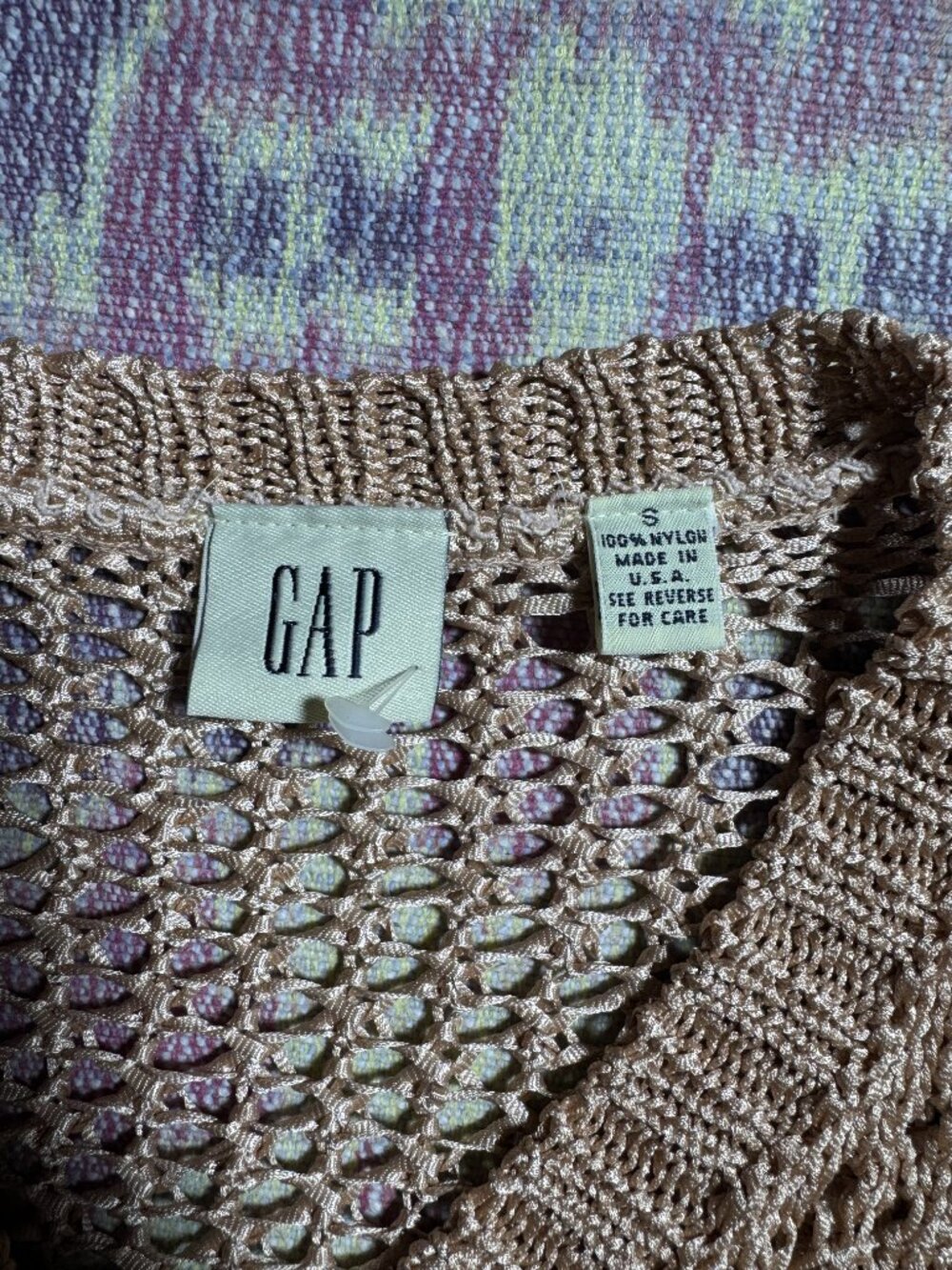 Vintage GAP Women Crochet Open Knit Short Sleeve Crop Cardigan Metallic Beige S - Picture 7 of 12